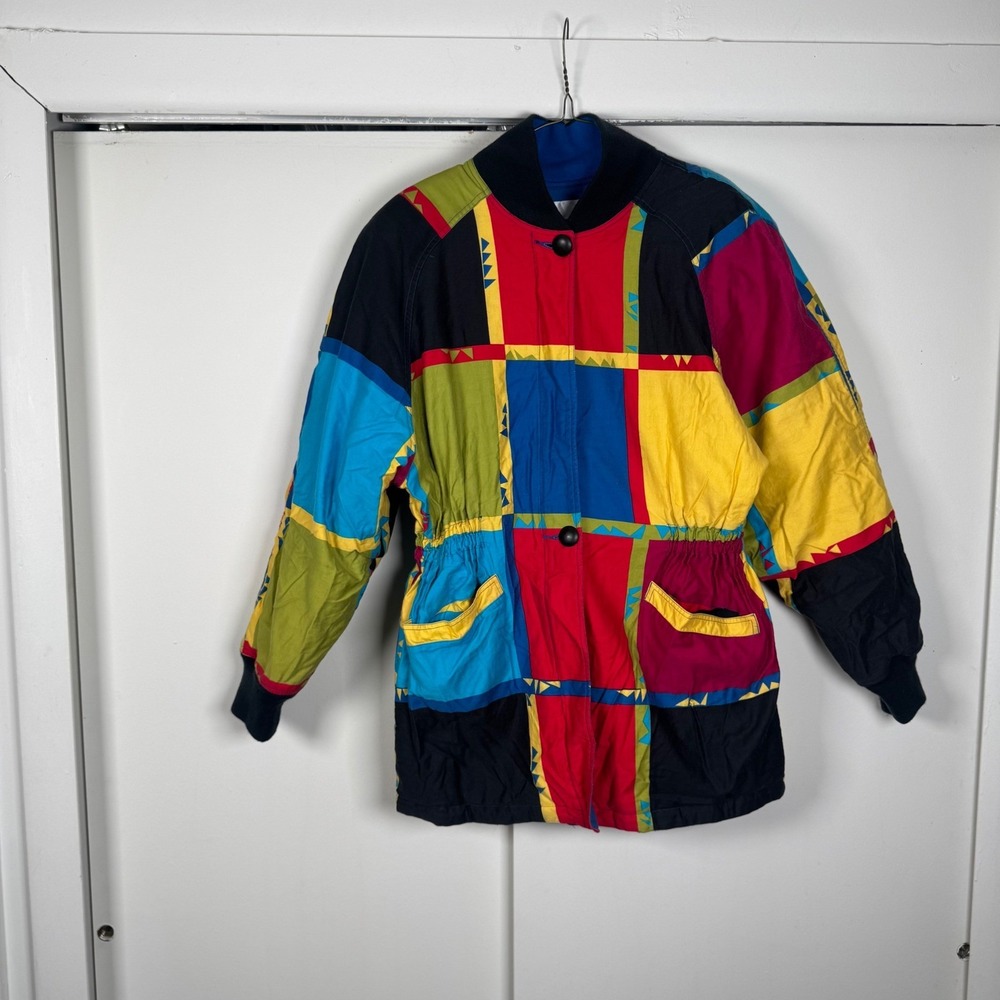 Vintage 80s Colorblock Cotton Parka Jacket Multi Geometric Elastic Waist Women M
